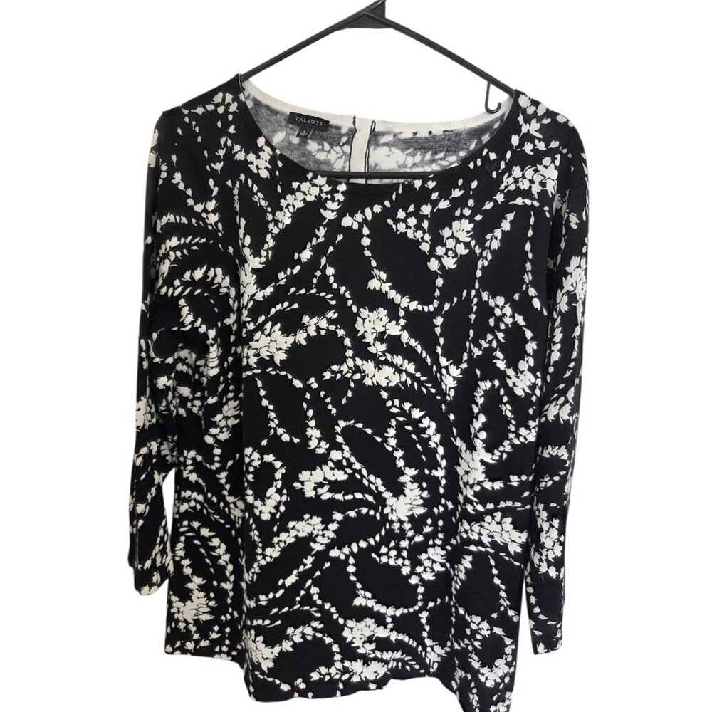 Talbots Black White Floral Boat Neck 3/4-Sleeve‎ Sweater Lightweight L